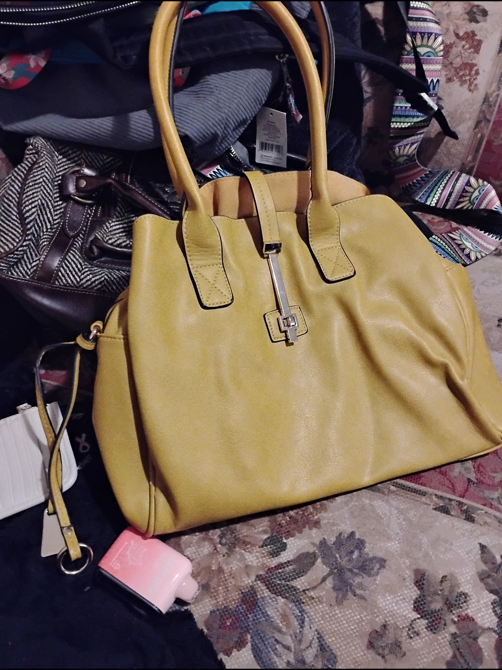 Structured Tote Handbag in Mustard Yellow with Gold Hardware